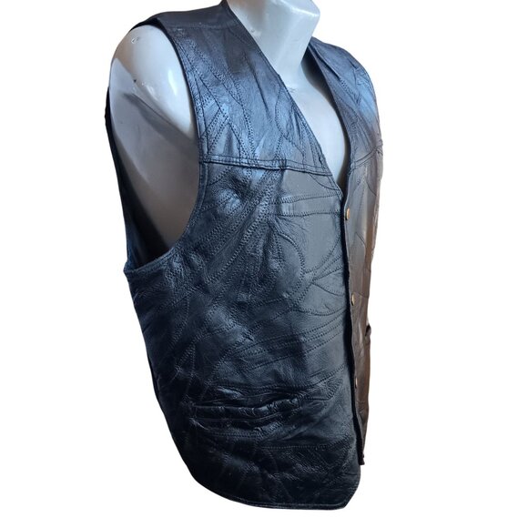 Vintage Large Leather Patchwork Vest Mens Snap Button 1980's Biker Rocker - Picture 2 of 4
